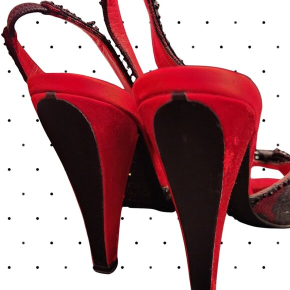Betsey Johnson red/black lace peep toe slingback heels - Picture 6 of 6